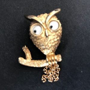 1970s Avon Gold tone Owl with Googly Eyes and Tassel Tail Brooch / Pin